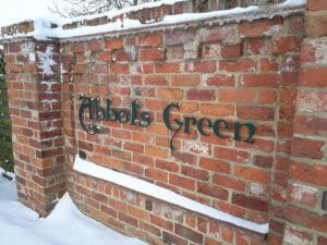 The entrance to Abbots Green covered in snow in North Yorkshire